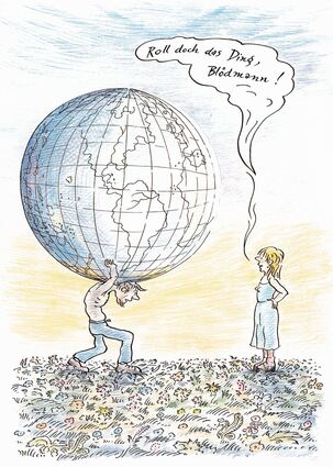 Satirische Wirkungstreffer auch mal ohn viele Worte: Marie Marcks' pragmatische Weltsicht in einer typischen Karikatur.