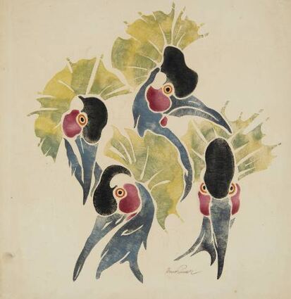 „Köpfe von vier Kronenkranichen“ von Erna Pinner.