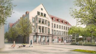 Das Sparkassen-Quartier mit Blick auf den Haupteingang: Eine neue Bepflanzung des Willy-Brandt-Platzes reagiert auf die Achse des Haupteingangs, sämtliche Grünanlagen sollen begeh- und nutzbar sein.