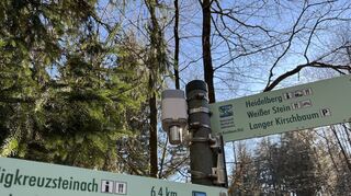 Ein Sensor des Waldbrand-Frühwarnsystems ist an einem Wegweiser im Wilhelmsfelder Wald befestigt.
