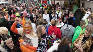 Ausgelassen feiern die Viernheimer Straßenfastnacht zwischen Goetheschule und Hallenbad.