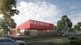 Diese Illustration zeigt – von der Birkenauer Straße aus, wo die Stadtbahn fährt –, wie das neue Bauhaus-Fachzentrum auf dem Columbus-Areal aussehen soll.