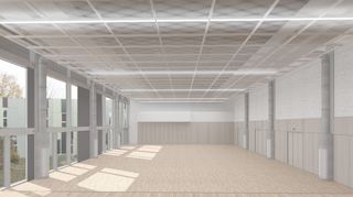 Diese Simulation des Architekturbüros zeigt, wie die Decke im großen Hallenraum einmal aussehen könnte. Die Gitteroptik macht zwar einen transparenten Eindruck, soll aber ein homogenes Erscheinungsbild erzeugen.