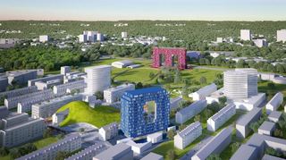 Franklin in Modell: Links das E, rechts das H, vorne – in Blau – das O und hinten in Rot das M. Im Hintergrund verläuft die B 38.