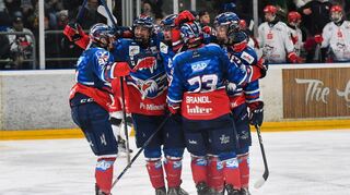 Die Jungadler Mannheim bejubeln den Treffer zum 2:0 gegen die Kölner Junghaie.