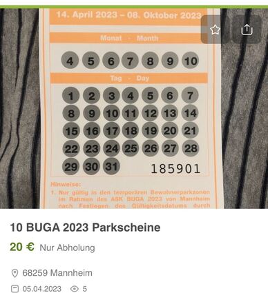 Screenshot vom Ebay-Angebot. Auf den Besucher-Parkscheinen muss man das jeweile Datum freirubbeln.