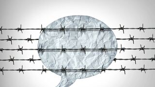 Social media restrictions and suppression of speech as censorship to censor opinions and thought in a 3D illustration style.