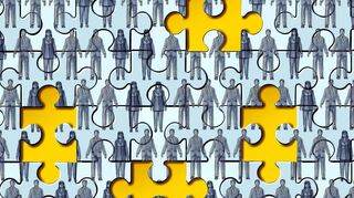 Missing employees and worker shortage or labour shortages as as employers are looking for needed workers and workforce job vacancies concept on a puzzle background in a 3D illustration style.