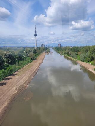 Aus der Seilbahn-Kabine kann die Neckar-Renaturierung beobachtet werden.