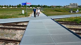 Eidechsenbrücken werden diese Metallgitter genannt – aber es sind Brücken für Spaziergänger. Darunter können Eidechsen, die sich auf und neben Schienen wohlfühlen, laufen.
