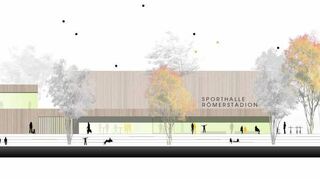 So soll die neue Sporthalle am Römerstadion in Ladenburg von Norden aussehen.