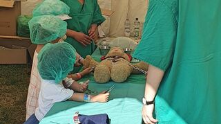 Im Teddybärkrankenhaus operieren Kindergartenkinder zusammen mit Medizinstudenten einen Teddy.