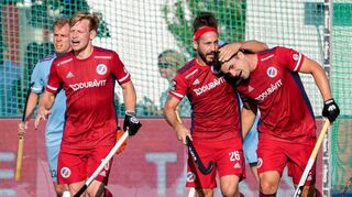 v.li.: Linus Müller (MHC, 10), Guido Barreiros (MHC, 26), Torschütze Gonzalo Peillat (MHC, 2), Spieler vom Mannheimer HC (MHC), jubeln über das Tor zum 2:0, Jubel, Torjubel, Torerfolg, celebrate the goal, goal, celebration, Jubel ueber das Tor, optimistisch, Spielszene, Highlight, Action, Aktion, 03.06.2023, Mannheim  (Deutschland), Hockey, Deutsche Meisterschaft, Halbfinale, Herren, Mannheimer HC - UHC Hamburg 

Foto © PIX-Sportfotos *** Foto ist honorarpflichtig! *** Auf Anfrage in hoeherer Qualitaet/Aufloesung. Belegexemplar erbeten. Veroeffentlichung ausschliesslich fuer journalistisch-publizistische Zwecke. For editorial use only.