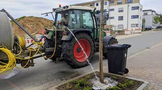 Kampf gegen die Trockenheit: Przemek Binasiewicz von der Gartenbaufirma Wolf wässert Jungbäume im Neugraben im Quartier Nordstadt-Kurzgewann.