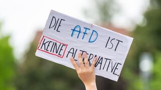 Ein Protestplakat während einer Kundgebung gegen die AfD-Veranstaltung «Der Nationalstaat zwischen Föderalismus und Europäischer Union».