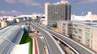 So soll die neue Hochstraße Süd in Ludwigshafen nach ihrer Fertigstellung Ende 2025 aussehen. Links der S-Bahnhof Mitte, unten die Pendler-Radroute.