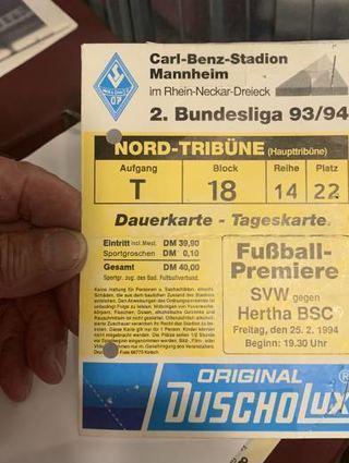 Eintrittskarte für das erste Spiel 1994 im neu gebauten Carl-Benz-Stadion.