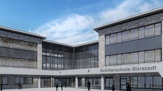 So soll der Neubau der Schillerschule aussehen: Der Eingangsbereich mit großzügigem Forum verbindet den Nord- und den Ostflügel.