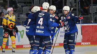 Jubel bei den Adlern: Hier feiert John Gilmour (Nummer 7) seinen Treffer zum 1:1-Ausgleich gegen den SC Bern.