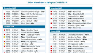 Der Spielplan der Adler Mannheim für die Saison 2023/2024.