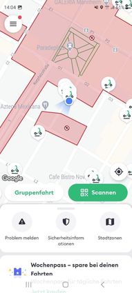 In der App wird die neue Verbotszone um den Testparkplatz noch nicht angezeigt.