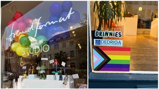 Drinnies willkommen: An der Tür des Ladens Fremdformat in Heidelberg klebt das "Siegel" des "Dedriga Bundesverbandes"