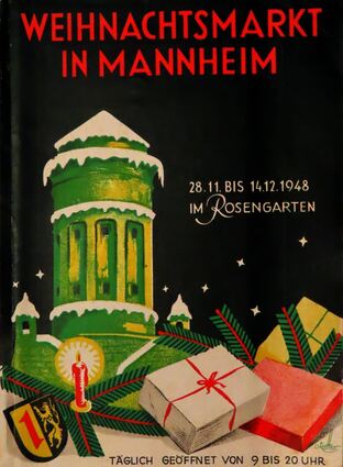 Wasserturm mit Notdach: Plakat und Katalog-Titelbild vom ersten Weihnachtsmarkt nach dem Krieg vor 75 Jahren.