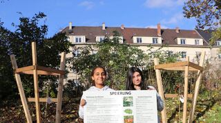 Zum Entdeckerschul-Konzept am LFG gehören mehrwöchige Projektarbeiten: Die Zehntklässlerinnen Marie Zirpins und Begüm Aydin stellen ihr Projekt von 2022 vor – die Auswahl und Pflanzung von Speierlingen am Rande des Schulhofs.
