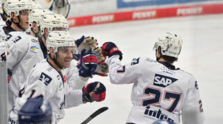 Jordan Szwarz (14 - Adler Mannheim) jubelt mit Yannick Proske (27 - Adler Mannheim) beim Spiel in der Penny DEL, Straubing Tigers (dunkel) - Adler Mannheim (hell)
