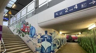 Die Unterführung in Mundenheim wurde mit Graffiti zu lokalen Themen verschönert. Mit dabei: Motive des Pfälzerwaldes und der Bahn.
