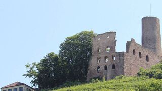 Hoch über den Weinbergen der Bergstraße: die Ruine der aus dem 13. Jahrhundert stammenden Schriesheimer Strahlenburg mit einem ihrer erst im 20. Jahrhundert entstandenen Seitengebäude. Nun steht das Bauwerk zum Verkauf.