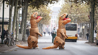 Dino-Duo extrem: Doch auch mit nicht ganz so opulenten Karnevalskostümen sollte man besser nicht ans Autosteuer.