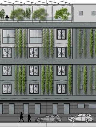 So soll der Anbau mit grüner Fassade aussehen.