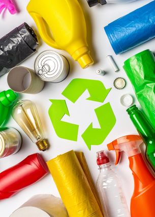 Eco concept with recycling symbol on table background top view