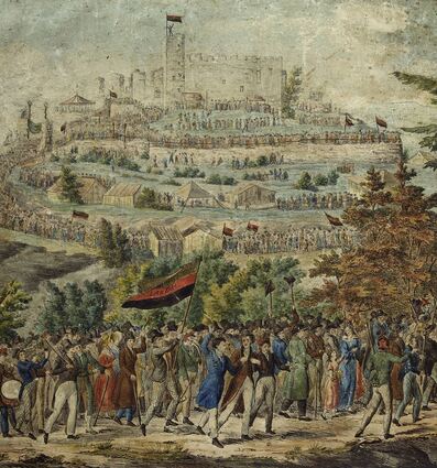30 000 Menschen kamen auf den Berg: „Zug zum Hambacher Schloss“, ist die 1832 erschienene, kolorierte Federlithographie betitelt.