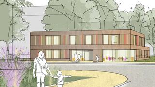 Das architektonische Konzept der neuen Kindertagesstätte setzt auf eine naturnahe Gestaltung in Holzoptik. Auf dem Bild ist der Entwurf zu sehen.