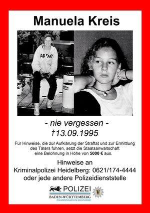 Cold Case Manuela Kreis: Mit diesem Plakaten sucht das Polizeipräsidium Mannheim nach Zeugen.