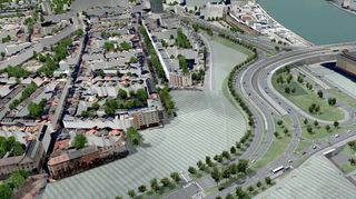 Die Hochstraße Nord wird einer ebenerdigen Stadtstraße weichen. So soll der Brückenkopf an der Kurt-Schumacher-Brücke künftig aussehen.