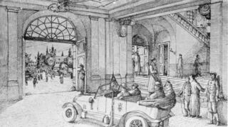 Revolutionäre im November 1918 in der Eingangshalle und dem Treppenhaus, auf einer Zeichnung festgehalten.
