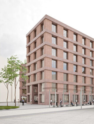Der Blick aus Richtung Faktorhaus auf die Bahnhaltestellen und das neue Bürohaus, wie es der Investor Unmüssig plant.