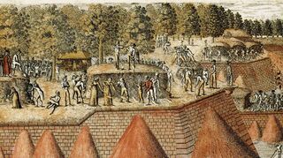 Auf einem zeitgenössischen kolorierten Stich zu sehen: der Beginn der Arbeiten zur Schleifung der Festungsbauwerke 1799.