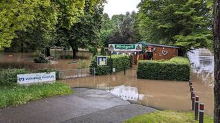 Die Minigolfanlage und die Neckarwiese stehen in Ladenburg unter Wasser. Auch die Becken des nahegelegenen Freibads könnten die Fluten erreichen.
