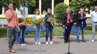Stefan Kraus (v.l.), Astrid Pfenning, Bärbel Moos, Sonja Sprenger, Matthias Schimpf, Matthias Baaß und Markus Taube bei der Feier.