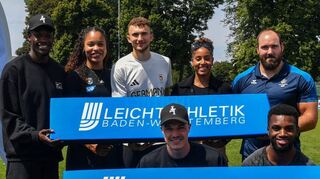 Von Mannheim nach Paris: Owen Ansah (hinten von links), Yemisi Ogunleye, Simon Batz, Mikaelle Assani und Bob Bertemes sowie (unten von links) Julian Wagner und Lucas Ansah-Peprah freuen sich auf den Saisonhöhepunkt.