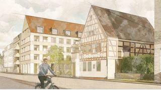 Blick auf das „Plumeau“ in der Rheingoldstraße: Das Fachwerkhaus bildet mit dem „grünen Anger“ einen neuen Ortsmittelpunkt für Neckarau.