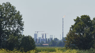 Blick am frühen Nachmittag von Mannheim-Kirschgartshausen auf die BASF - die Rauchwolke über der BASF war nicht mehr zu sehen.