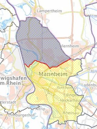 Der lila gefärbte Bereich der Karte beinhaltet die infizierte Zone, die Pufferzone ist gelb hinterlegt. Die Grenze verläuft: Ab Viernheimer Kreuz Richtung Westen auf B 38 bis Boveristraße – entlang Boveristraße nach Norden bis Hafenbahnstraße – entlang Hafenbahnstraße nach Westen übergehend in Diffenestraße bis Friesenheimer Straße – entlang Friesenheimer Straße nach Süden bis zum Rhein, entlang des Rheins nach Norden.