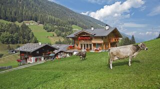 Idyllisch schmiegen sich die Bauernhöfe im Südtiroler Ultental an den Berghang.