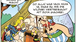 Asterix und Obelix babbeln auf Pfälzisch mit dem Barde Troubadix, der kurz darauf von den Römern verschleppt wird.