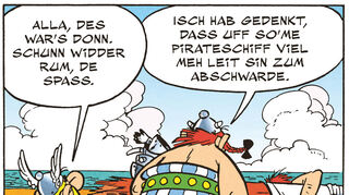 Asterix und Obelix haben soeben ein Piratenschiff gekapert, um nach Rom zu gelangen.